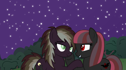 Size: 1268x698 | Tagged: safe, artist:angrykarin666, oc, oc only, oc:lycana, oc:vampira, bat pony, pony, vampire, vampony, werewolf, couple, cute, female, lesbian, night, oc x oc, shipping, wingless bat pony