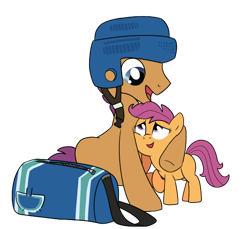 Size: 614x563 | Tagged: safe, artist:impydoo, scootaloo, earth pony, pegasus, pony, tanks for the memories, duffle bag, father, father and child, father and daughter, forecheck, helmet, hug, male, parent and child, scootadad