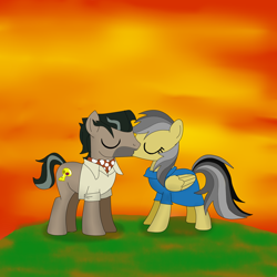 Size: 1500x1500 | Tagged: safe, artist:samey90, daring do, doctor caballeron, clothes, daballeron, dress, female, foe yay, hill, kissing, male, shipping, straight, sunset