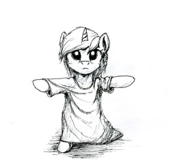Size: 720x679 | Tagged: safe, artist:el-yeguero, lyra heartstrings, pony, bipedal, clothes, monochrome, solo, t-shirt, traditional art, younger