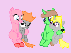 Size: 564x425 | Tagged: safe, artist:yuseifudo1000, earth pony, pony, unicorn, 3 males, crow hogan, jack atlas, kirby, kirby (character), luigi, pink background, ponified, simple background, species swap, super mario bros., super smash bros., yu-gi-oh!, yu-gi-oh! 5d's