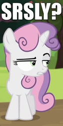 Size: 360x720 | Tagged: safe, screencap, sweetie belle, brotherhooves social, caption, image macro, impact font, meme, reaction image, seriously, solo, srsly, unamused