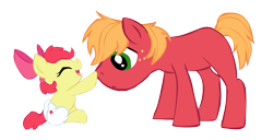 Size: 985x503 | Tagged: safe, artist:dolphinmoana, artist:faithfirefly, apple bloom, big macintosh, pony, adorabloom, baby, baby pony, boop, brother and sister, colt, cute, diaper, female, foal, male, siblings, younger