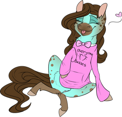 Size: 1280x1227 | Tagged: safe, artist:thepoisonjackal, beauty brass, bowtie, clothes, cute, eyes closed, heart, hoodie, morning ponies, solo, spots, sweatshirt, tongue out