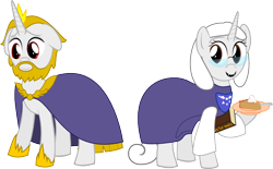 Size: 782x485 | Tagged: safe, artist:derjuin, asgore dreemurr, book, food, glasses, pie, ponified, simple background, solo, toriel, transparent background, undertale