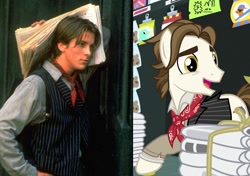 Size: 956x672 | Tagged: safe, human, made in manehattan, christian bale, clothes, comparison, irl, irl human, neckerchief, news flash, newsies, newspaper, photo, reference, shirt, vendor, vest