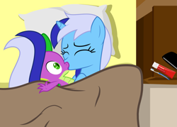 Size: 2085x1494 | Tagged: safe, artist:dashiesparkle, artist:sulyo, edit, minuette, spike, dragon, bed, bedroom, eyes closed, hundreds of users filter this tag, kissing, love, shipping, spigate, toothbrush, toothpaste, vector edit