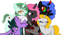 Size: 1024x558 | Tagged: safe, artist:silverromance, artist:strawberry-t-pony, oc, oc only, oc:blood drop, oc:brave heart, oc:camila cockatrice, oc:gold star, oc:midnight flare, oc:sour candy, alicorn, dracony, hybrid, pony, collaboration, alicorn oc, offspring, parent:king sombra, parent:nightmare moon, parents:sombramoon