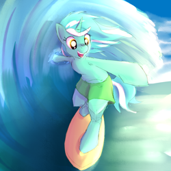 Size: 1000x1000 | Tagged: safe, artist:cheshiresdesires, lyra heartstrings, pony, semi-anthro, unicorn, bipedal, clothes, ocean, shorts, smiling, solo, surfboard, surfing, water, wave