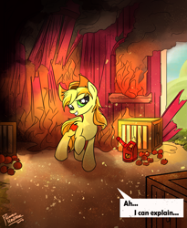 Size: 2569x3132 | Tagged: safe, artist:pedrohander, braeburn, earth pony, pony, colored, fire, solo, sweet apple acres