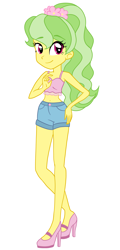 Size: 1336x2784 | Tagged: safe, artist:princess-madeleine, oc, oc only, oc:woodland spring, equestria girls, belly button, clothes, cute, equestria girls-ified, green hair, midriff, ponytail, shorts, simple background, solo, tanktop, transparent background