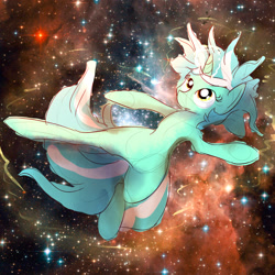 Size: 1200x1200 | Tagged: safe, artist:cheshiresdesires, lyra heartstrings, pony, unicorn, floating, solo, space, stars, the cosmos, windswept mane