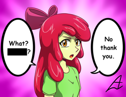 Size: 1300x1000 | Tagged: safe, artist:acesrockz, apple bloom, equestria girls, censored, clothes, denied, dialogue, looking at you, no, open mouth, question mark, solo, speech bubble