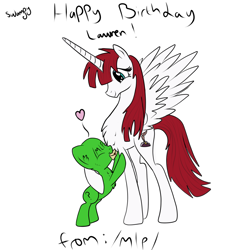 Size: 1200x1200 | Tagged: safe, artist:swampy, anon pony, oc, oc only, oc:fausticorn, /mlp/, birthday, birthday card, chest fluff, happy birthday lauren faust, heart, lauren faust