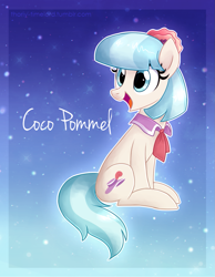 Size: 1203x1548 | Tagged: safe, artist:sonnatora, coco pommel, cocobetes, cute, looking back, open mouth, sitting, smiling, solo