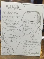 Size: 600x800 | Tagged: safe, artist:andypriceart, apple bloom, human, billy bob thornton, crossover, dialogue, karl childers, monochrome, sketch, sling blade (film), speech bubble, traditional art, wide eyes