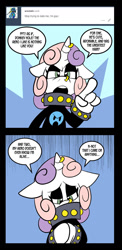 Size: 648x1332 | Tagged: safe, artist:pembroke, sweetie belle, pony, abstract background, ask, ask meanie belle, comic, dialogue, horn piercing, meanie belle, nose piercing, nose ring, piercing, solo, suddenly hands, tumblr