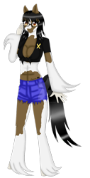 Size: 1024x2014 | Tagged: dead source, safe, artist:jasmine-lotus, oc, oc only, oc:dawn sketch, anthro, unguligrade anthro, abs, anthro oc, belly button, clothes, daisy dukes, deviantart watermark, front knot midriff, glasses, midriff, obtrusive watermark, watermark