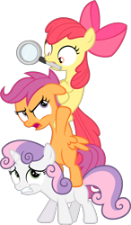 Size: 1979x3394 | Tagged: safe, artist:zacatron94, apple bloom, scootaloo, sweetie belle, cutie mark crusaders, magnifying glass, mouth hold, simple background, tower of pony, transparent background, tree sap and pine needles, vector