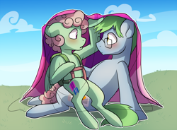 Size: 1250x922 | Tagged: safe, artist:pixel-prism, oc, oc only, oc:software patch, oc:windcatcher, blushing, female, glasses, male, oc x oc, parachute, shipping, straight, twilight sparkle's secret shipfic folder, windpatch