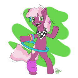 Size: 1024x1024 | Tagged: dead source, safe, artist:colt-z, cheerilee, earth pony, pony, 80s, 80s cheerilee, bipedal, bracelet, braces, cute, happy, leg warmers, looking at you, loop-de-hoop, open mouth, simple background, smiling, solo, younger