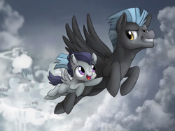 Size: 1024x768 | Tagged: safe, artist:ibsn, rumble, thunderlane, pegasus, pony, brothers, cloud, cloudsdale, cloudy, colt, cute, duo, fluffy, flying, grin, male, open mouth, sky, smiling, smirk, spread wings, stallion