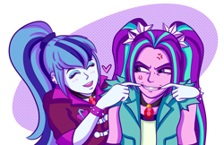 Size: 2473x1604 | Tagged: safe, artist:black-claudia, aria blaze, sonata dusk, blushing, heart, smiling, this will end in pain, this will not end well