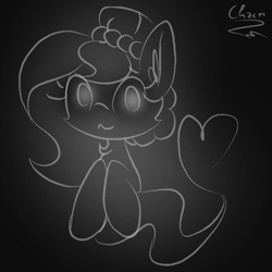 Size: 1000x1000 | Tagged: safe, artist:chacri, oc, oc only, oc:brownie bun, earth pony, ghost, pony, black background, ear fluff, female, glow, glowing eyes, grayscale, heart, mare, monochrome, signature, simple background, solo