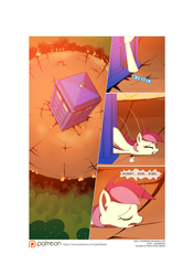 Size: 3541x5016 | Tagged: safe, artist:gashiboka, roseluck, earth pony, pony, comic:recall the time of no return, :p, comic, crater, doctor who, eyes closed, patreon, patreon logo, prone, solo, tardis, tired, tongue out