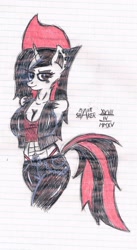 Size: 662x1206 | Tagged: safe, artist:mane-shaker, oc, oc only, oc:shakie, anthro, unicorn, abs, anthro oc, breasts, clothes, female, leather jacket, leather pants, lined paper, looking at you, panties, piercing, rule 63, smirk, solo, thong, traditional art, underwear