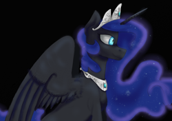 Size: 820x576 | Tagged: safe, artist:amber flicker, nightmare moon, alicorn, black coat, female, horn, mare, simple background, solo