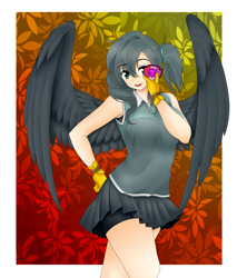 Size: 2300x2700 | Tagged: safe, artist:magico-enma, gabby, human, the fault in our cutie marks, anime, badge, clothes, compression shorts, cute, gloves, humanized, looking at you, miniskirt, open mouth, pleated skirt, shorts, skirt, skirt lift, solo, winged humanization