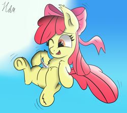 Size: 1800x1600 | Tagged: safe, artist:hanzel2, apple bloom, earth pony, pony, adorabloom, cute, feather, female, filly, one eye closed, solo, tickling, underhoof