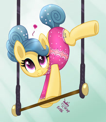 Size: 1310x1500 | Tagged: safe, artist:joakaha, trapeze star, earth pony, pony, viva las pegasus, acrobat, acrobatics, clothes, eyeshadow, female, heart, leotard, makeup, mare, performer, signature, smiling, solo