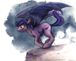 Size: 867x698 | Tagged: safe, artist:kenket, oc, oc only, oc:inky, bat pony, pony, fangs, female, galloping, hair bun, mare, running, spread wings, traditional art, watercolor painting