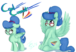 Size: 1824x1240 | Tagged: safe, artist:farewelldecency, oc, oc only, oc:cool current, bucktooth, female, filly, freckles, glasses, magical lesbian spawn, next generation, offspring, older, parent:rainbow dash, parent:spitfire, parents:spitdash