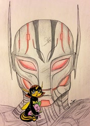 Size: 753x1060 | Tagged: safe, artist:ameliacostanza, spike, dragon, pony, robot, unicorn, avengers, avengers: age of ultron, avengers: earth's mightiest heroes, crossover, janet van dyne, marvel, ponified, spikexwasp, traditional art, ultron, unconscious, wasp