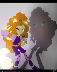 Size: 1650x2100 | Tagged: safe, artist:n-steisha25, adagio dazzle, equestria girls, grin, looking at you, microphone, ponied up, silhouette, smiling, solo, transformation