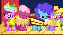 Size: 1366x768 | Tagged: safe, screencap, cheerilee, the cutie mark chronicles, blueberry swirl, clothes, costume, cotton top, filly, food costume, fruitbasket, younger