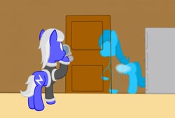 Size: 1280x858 | Tagged: safe, artist:minty candy, oc, oc only, oc:night strike, oc:static charge, earth pony, pegasus, pony, fallout equestria, fallout equestria: empty quiver, clothes, door, indoors, story, x-ray vision
