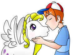 Size: 713x507 | Tagged: safe, artist:prettywitchdoremi, danny williams, surprise, g1, blushing, dannyprise, female, interspecies, kissing, male, nose kiss, shipping, straight, wingboner