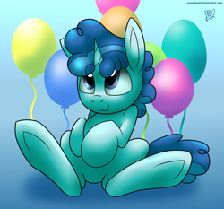 Size: 3000x2800 | Tagged: safe, artist:neoncel, party favor, pony, balloon, cute, favorbetes, sitting, solo, underhoof