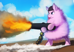 Size: 1537x1080 | Tagged: safe, artist:rublegun, oc, oc only, oc:fluffle puff, pony, bipedal, cannon, gun, solo, tongue out