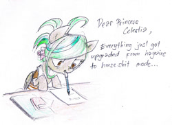 Size: 1232x896 | Tagged: safe, artist:pandan009, oc, oc only, oc:screwpine, hairclip, letter, letter to celestia, paper, pencil, vulgar, writing