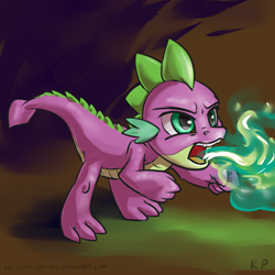 Size: 1500x1500 | Tagged: safe, artist:kp-shadowsquirrel, spike, dragon, fire, fire breath, green fire, solo