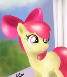 Size: 835x956 | Tagged: safe, artist:cwossie, apple bloom, grin, outdoors, solo