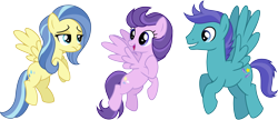 Size: 4303x1865 | Tagged: safe, artist:cheezedoodle96, clear skies, open skies, sunshower, pegasus, pony, tanks for the memories, .svg available, abbott and costello, background pony, cutie mark, female, flying, frown, grin, hoof on chest, male, mare, open mouth, simple background, smiling, spread wings, stallion, svg, transparent background, trio, unamused, vector, who's on first?