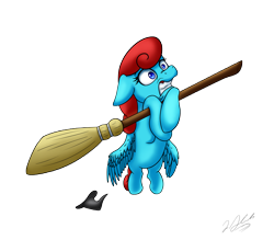 Size: 6197x5439 | Tagged: safe, artist:tsand106, oc, oc only, oc:blue sing, pegasus, pony, absurd resolution, broom, flying, flying broomstick, hat, scared, simple background, solo, transparent background, wide eyes, witch hat