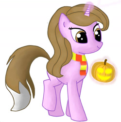 Size: 1024x1030 | Tagged: safe, artist:nicki93, oc, oc only, pony, unicorn, clothes, halloween, holiday, jack-o-lantern, looking away, magic aura, pumpkin, scarf, solo, walking