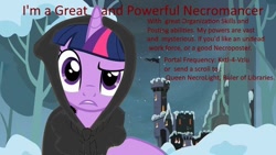 Size: 604x340 | Tagged: safe, twilight sparkle, pony, unicorn, female, joke, mare, multicolored mane, necromancer, purple coat, solo